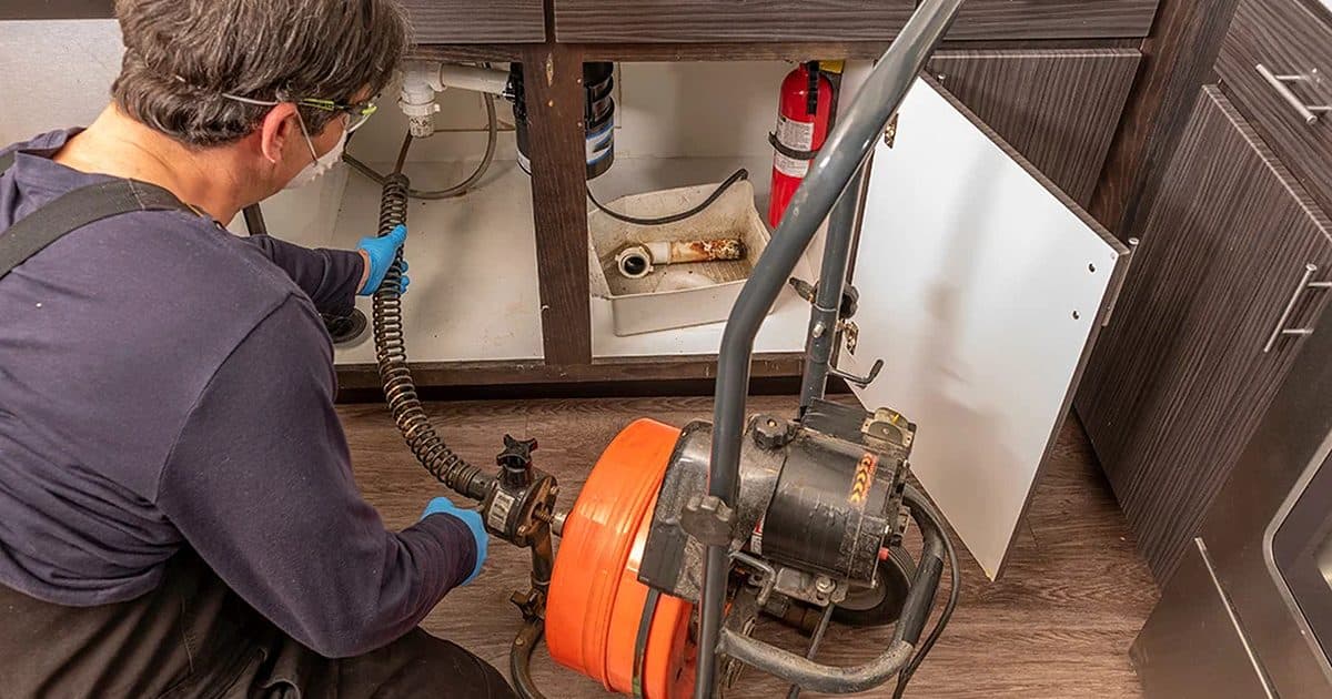 Ontstopping van een keukenafvoer onder de gootsteen met een veermachine
